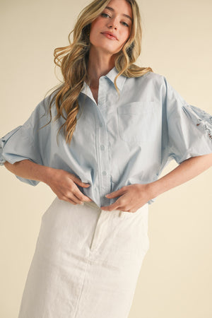 Embroidered Bubble Sleeve Top - Blue