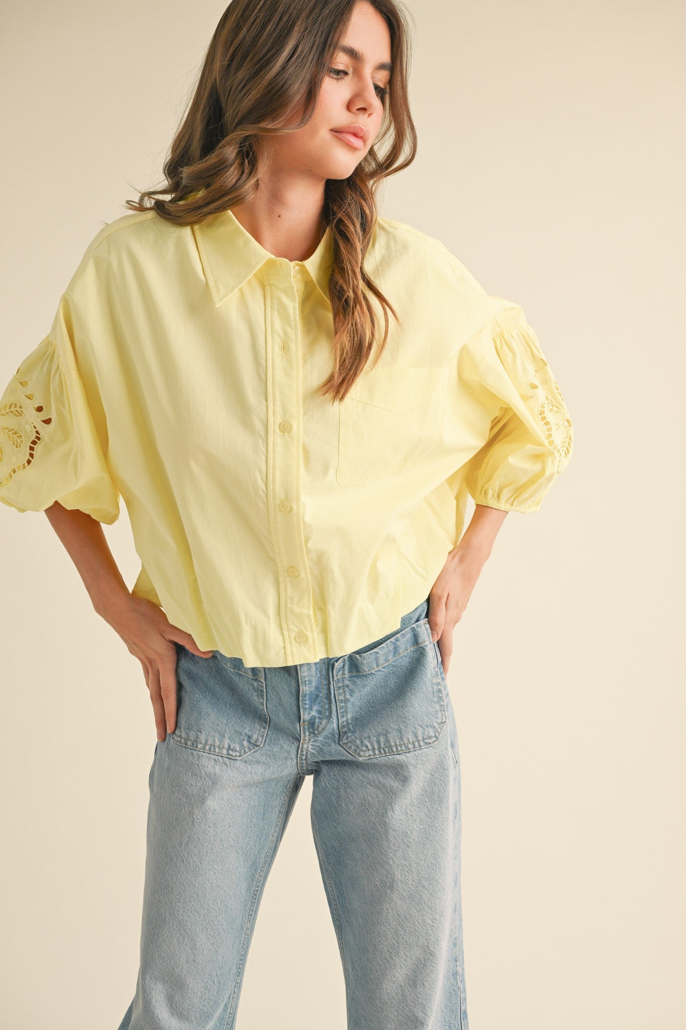 Embroidered Bubble Sleeve Top - Lemon