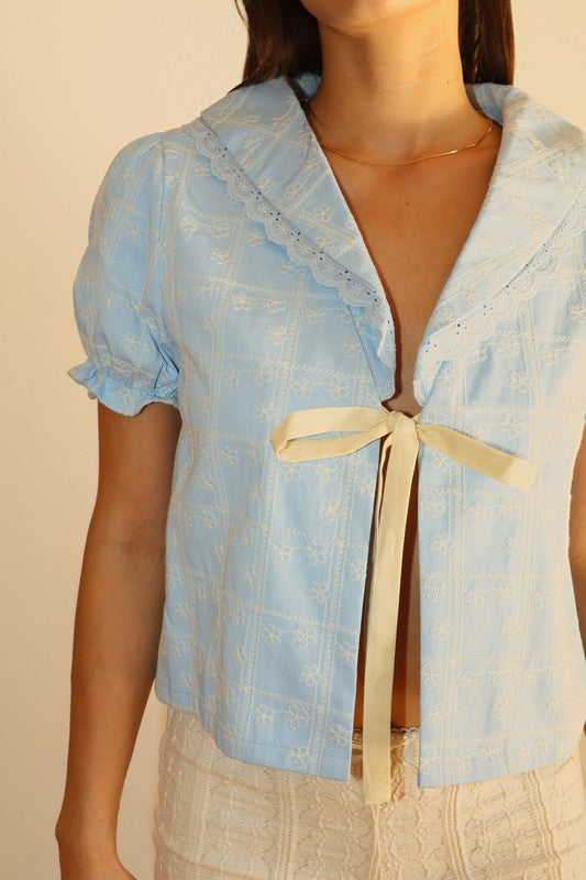 Lace Trimmed Sailor Collar Top - Sky Blue