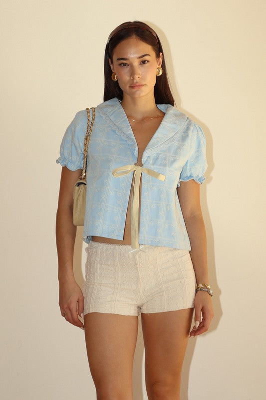 Lace Trimmed Sailor Collar Top - Sky Blue