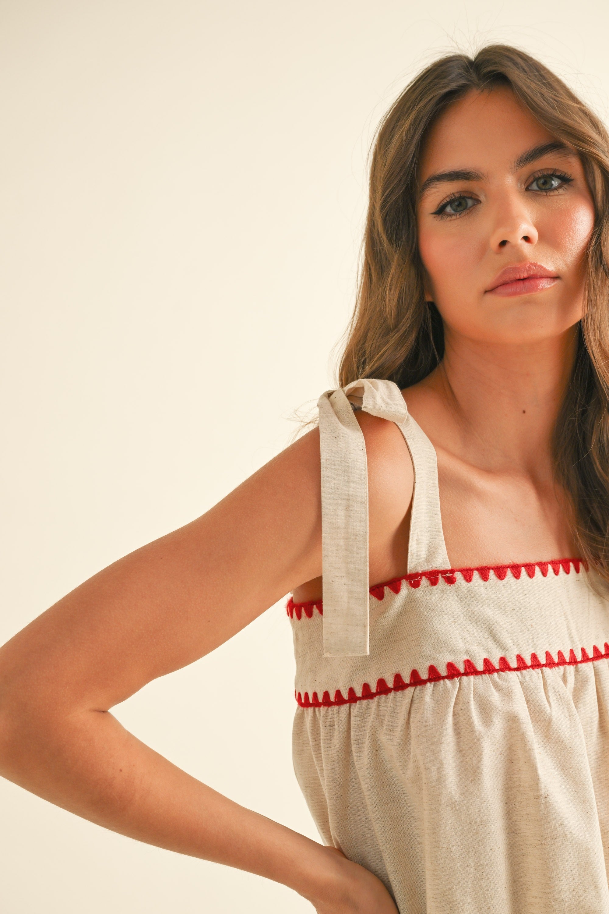 Linen Tie Sleeve Top - Red