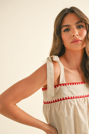Linen Tie Sleeve Top - Red