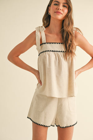 Linen Tie Sleeve Top - Black