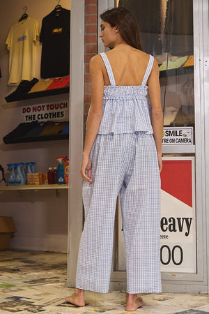 Gingham Print Drawstring Pants - Blue