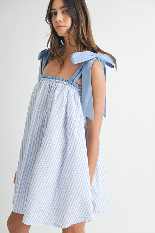 Pinstripe Shoulder Tie Mini Dress