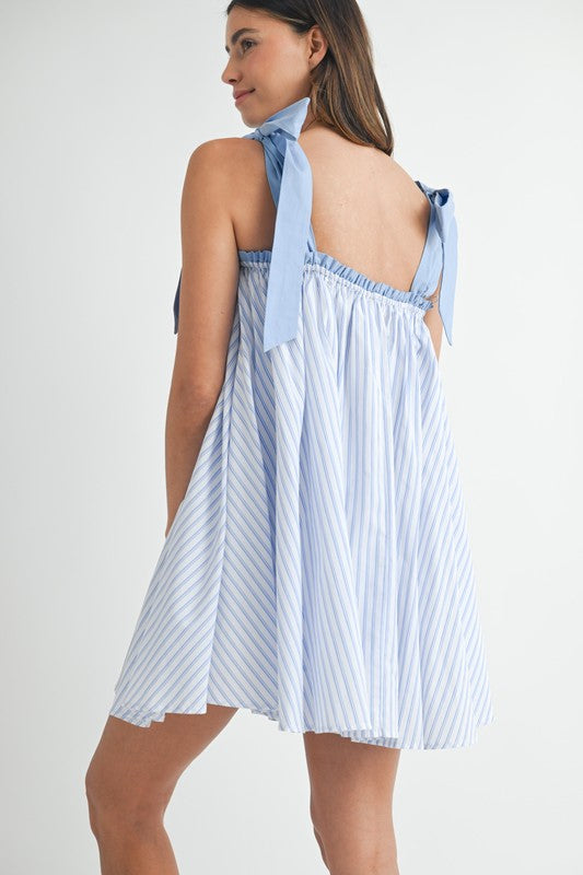 Pinstripe Shoulder Tie Mini Dress