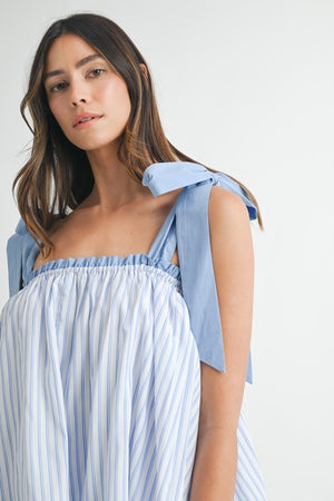Pinstripe Shoulder Tie Mini Dress