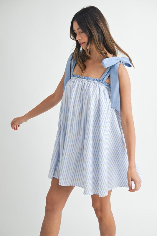 Pinstripe Shoulder Tie Mini Dress