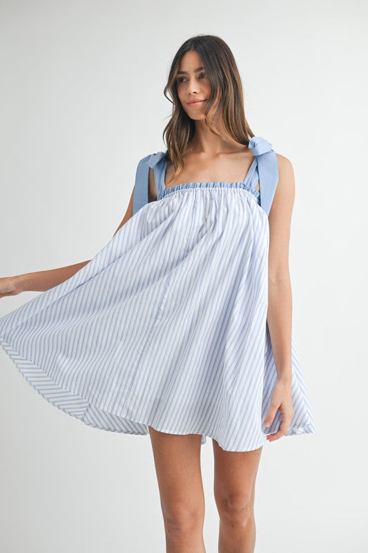 Pinstripe Shoulder Tie Mini Dress