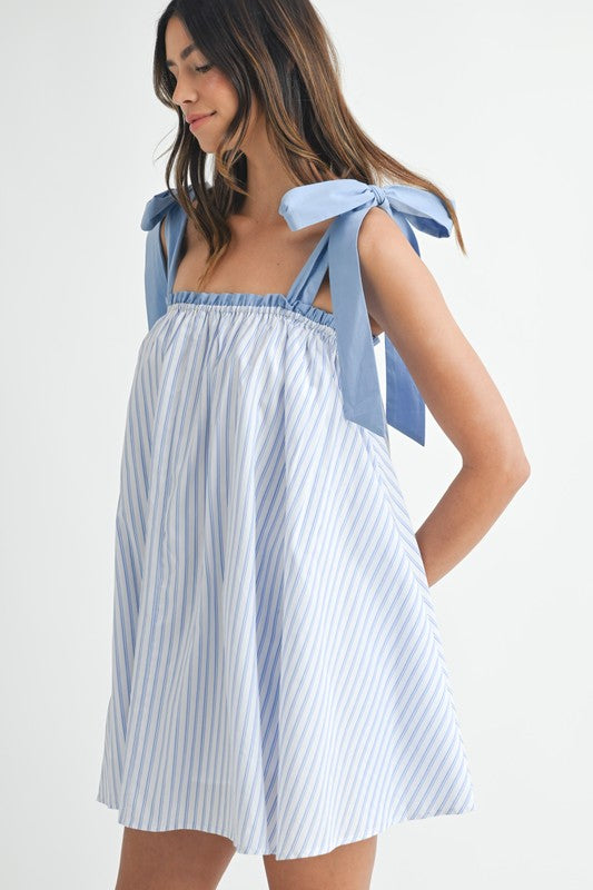 Pinstripe Shoulder Tie Mini Dress