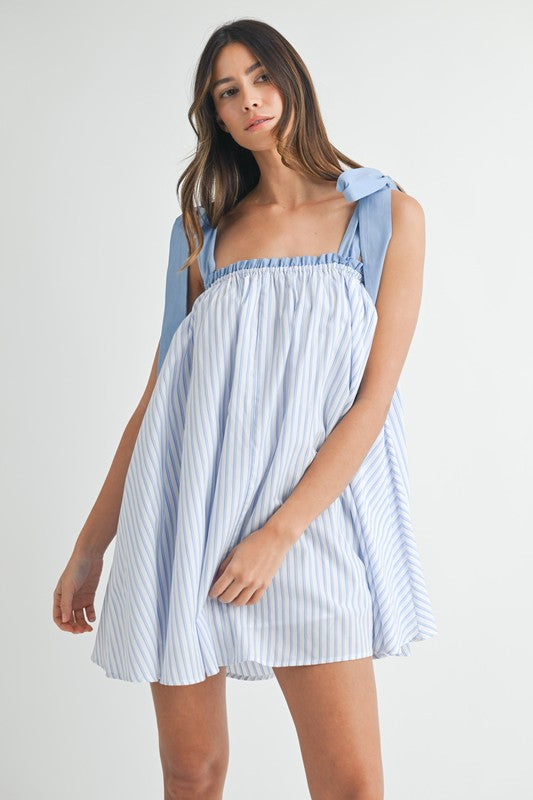 Pinstripe Shoulder Tie Mini Dress