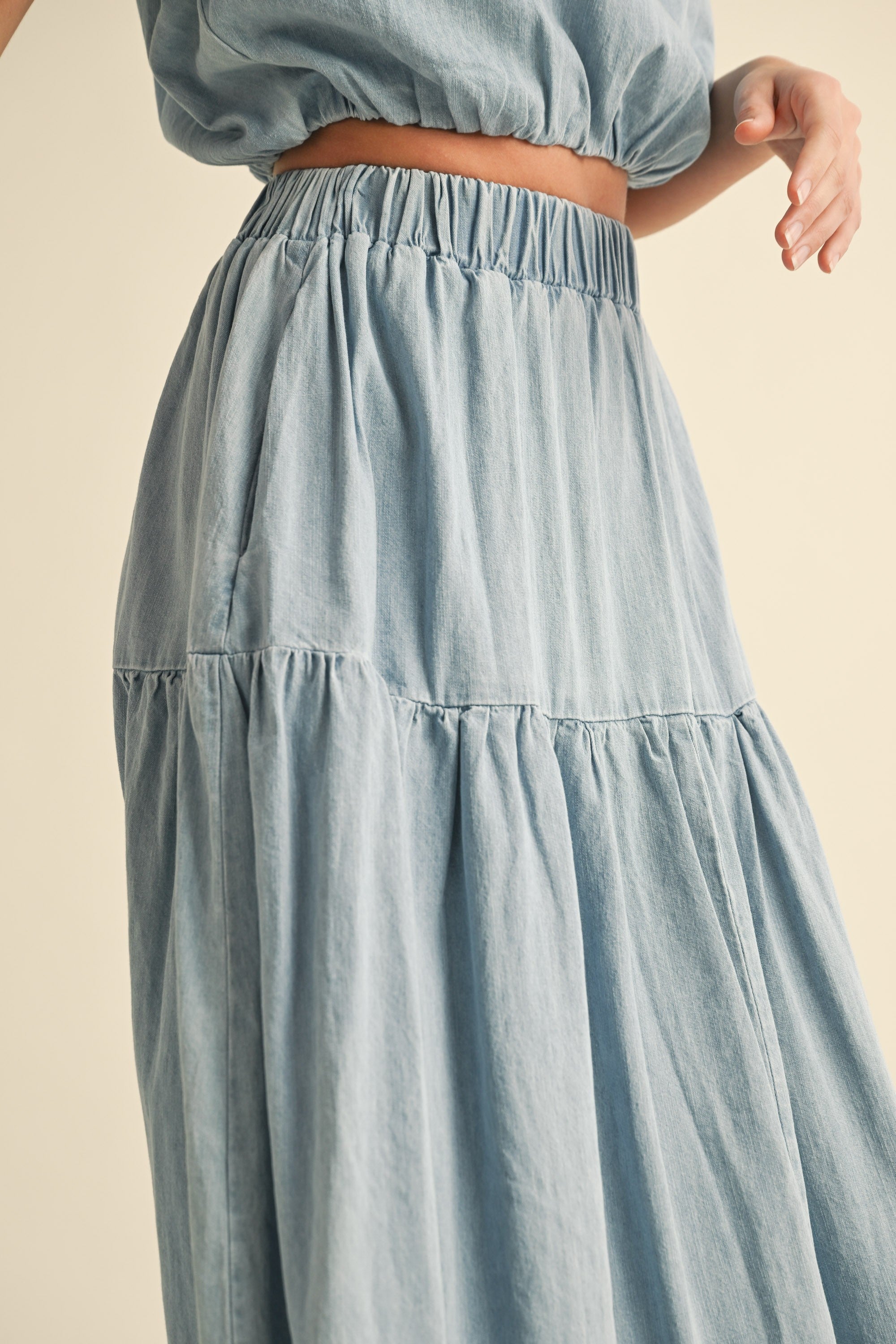 Tiered Denim Maxi Skirt