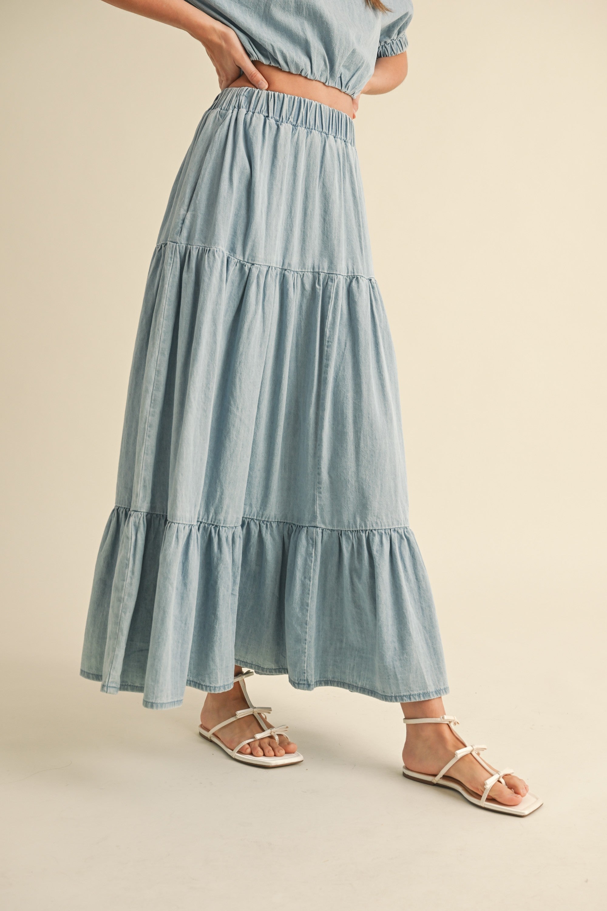 Tiered Denim Maxi Skirt