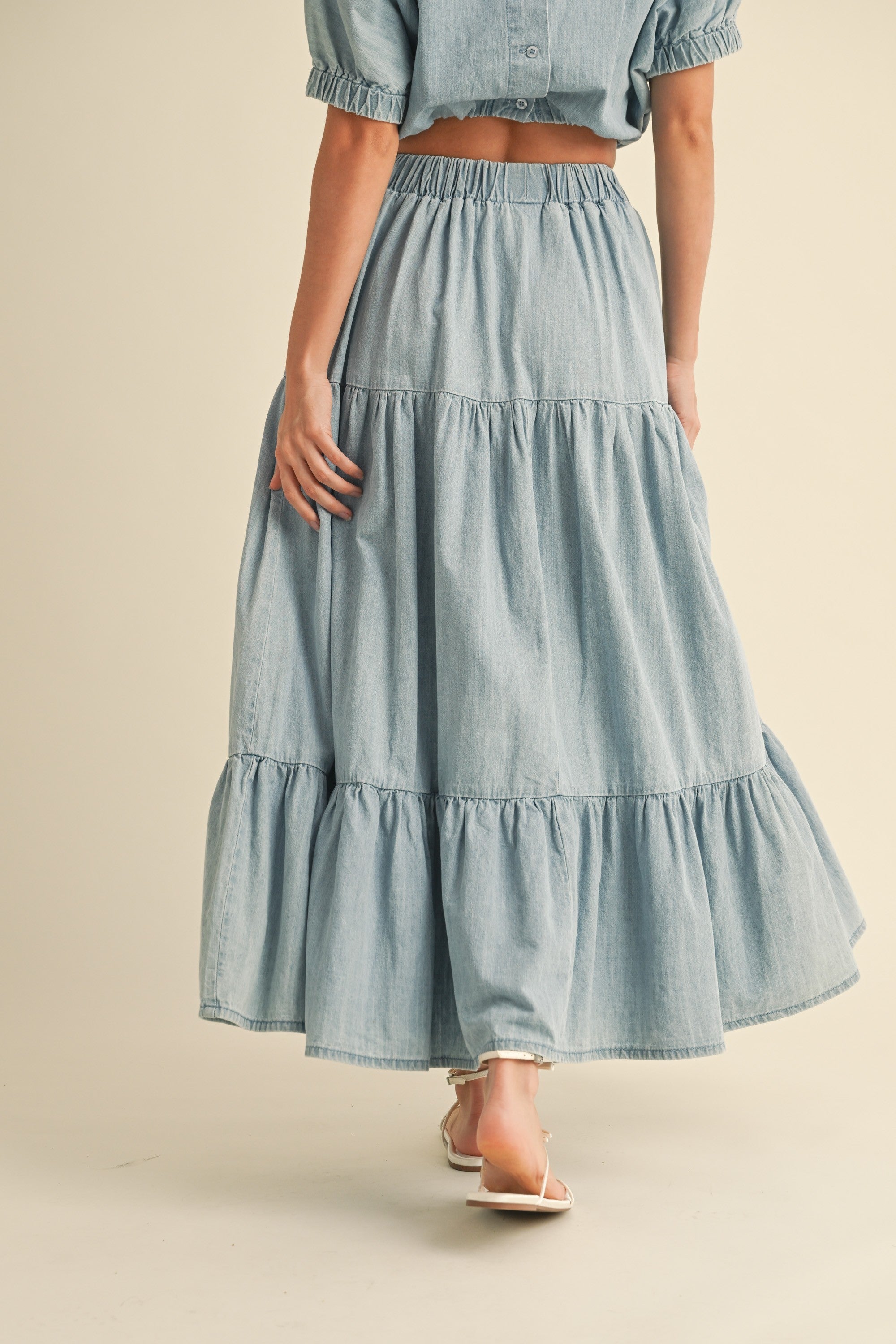 Tiered Denim Maxi Skirt