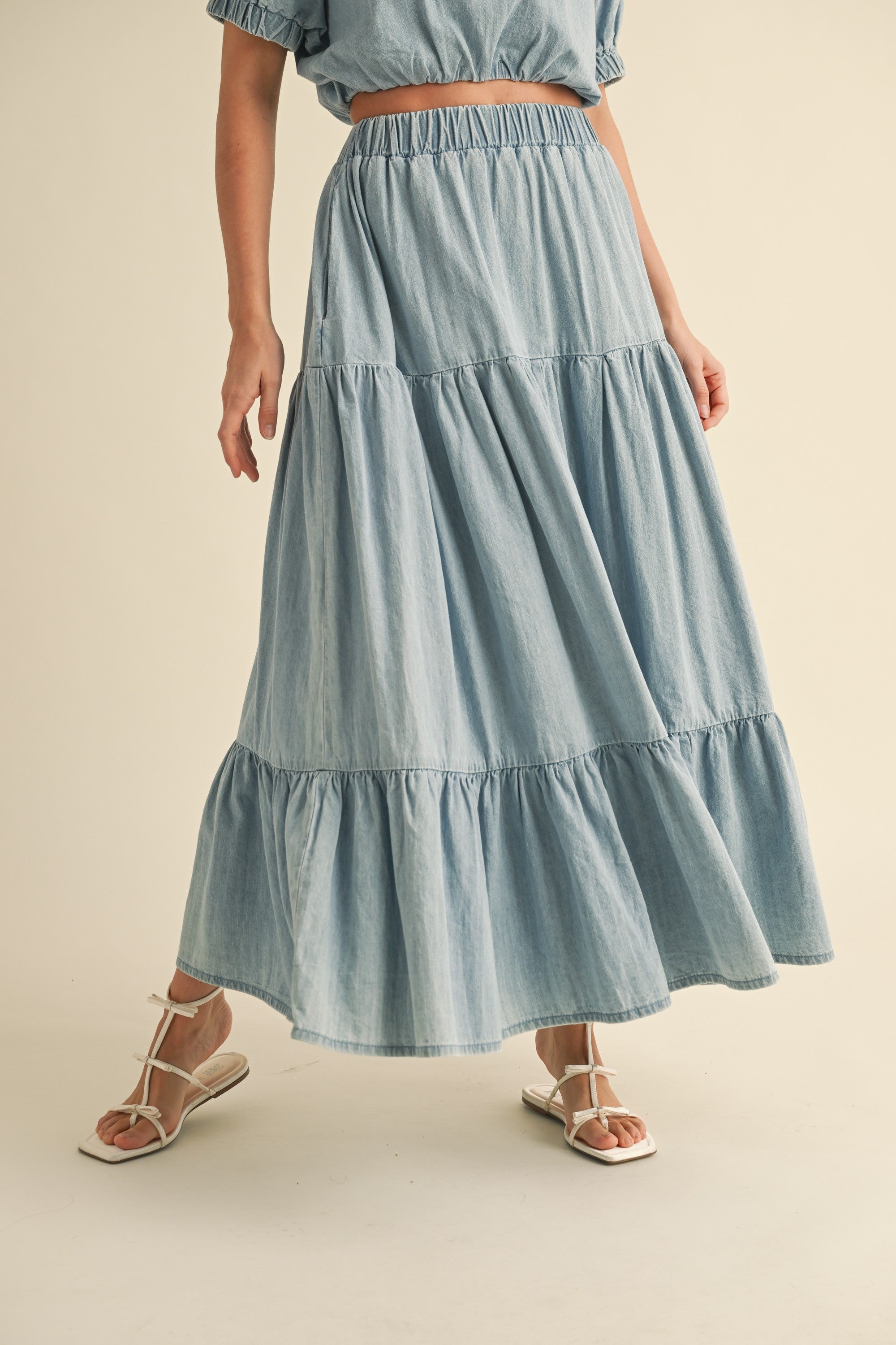 Tiered Denim Maxi Skirt