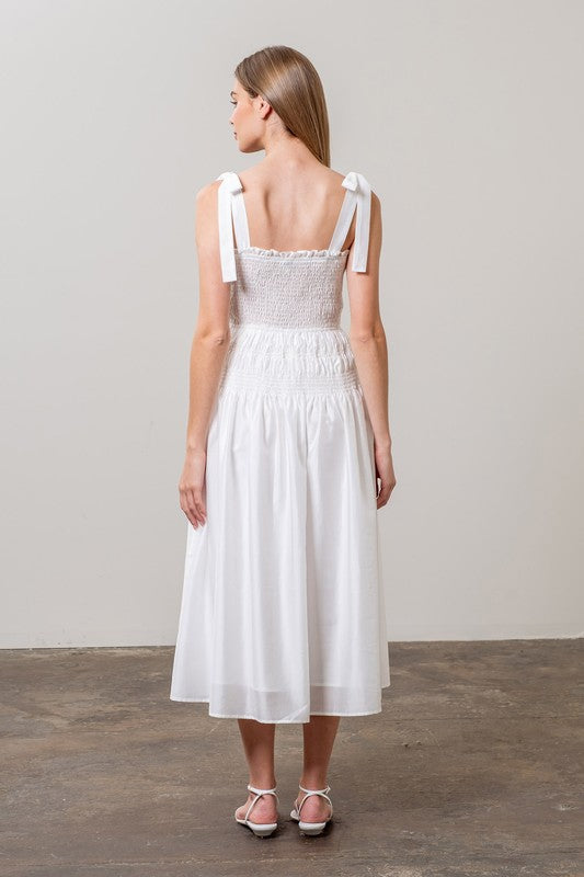 Tie Strap Shirred Midi Dress - White