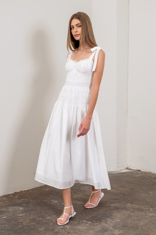 Tie Strap Shirred Midi Dress - White