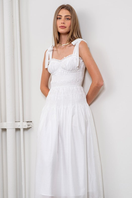 Tie Strap Shirred Midi Dress - White