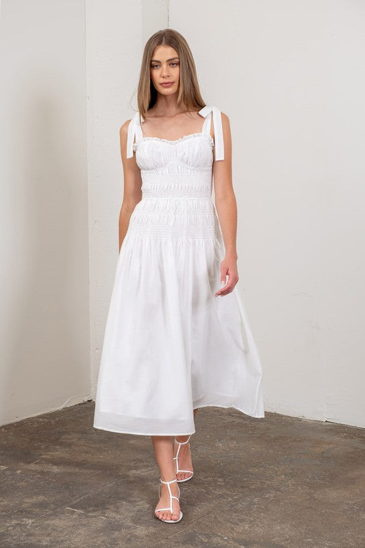 Tie Strap Shirred Midi Dress - White