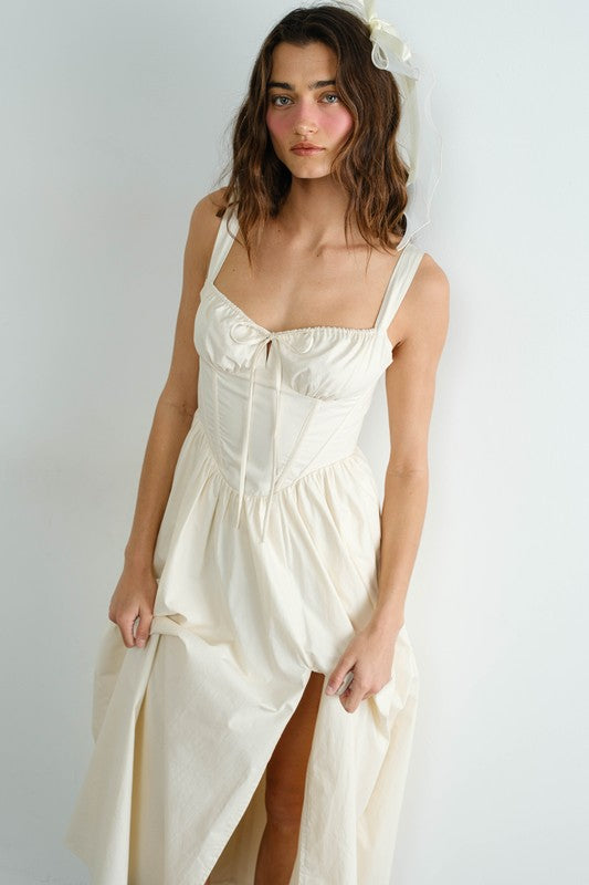 Poplin Ribbon Tie Maxi Dress - Cream
