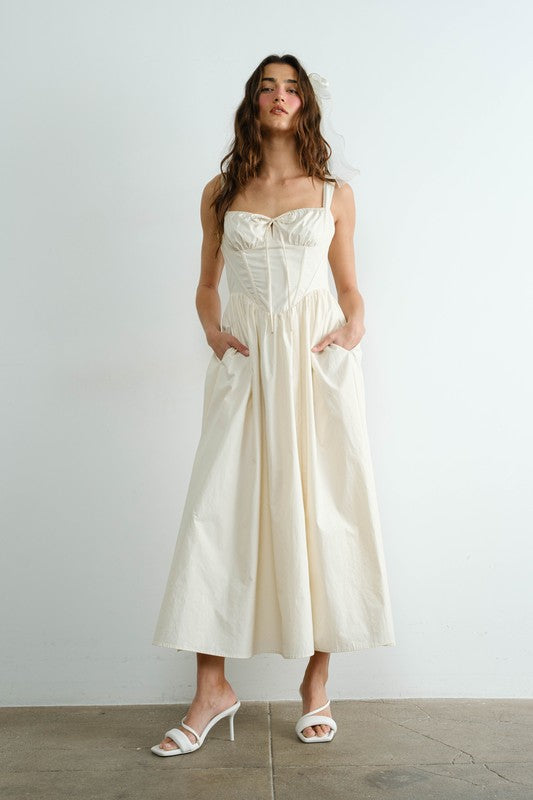 Poplin Ribbon Tie Maxi Dress - Cream