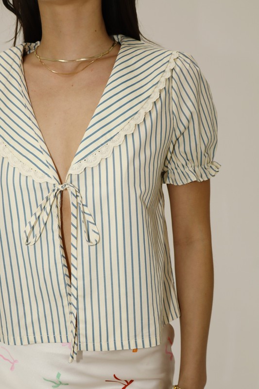 Striped Puff Sleeve Tie Top