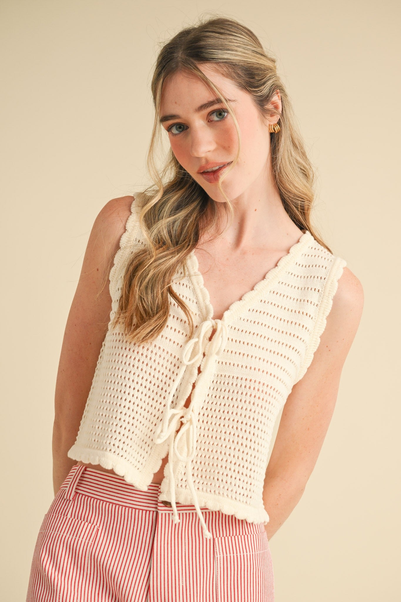 Front Tie Sweater Vest - Cream