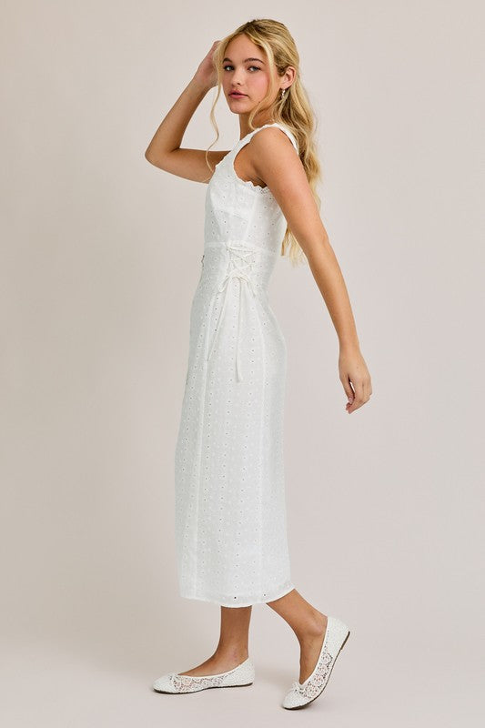 Lace Up Eyelet Midi Dress