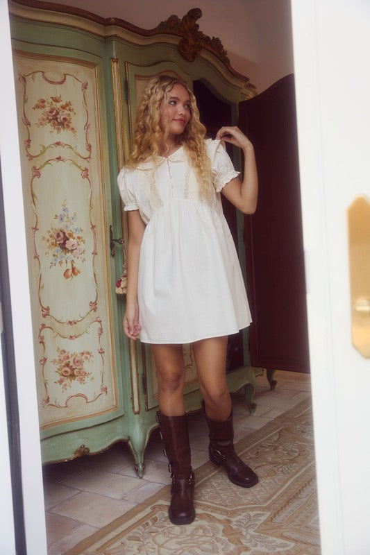 Puff Sleeve Lace Trimmed Mini Dress