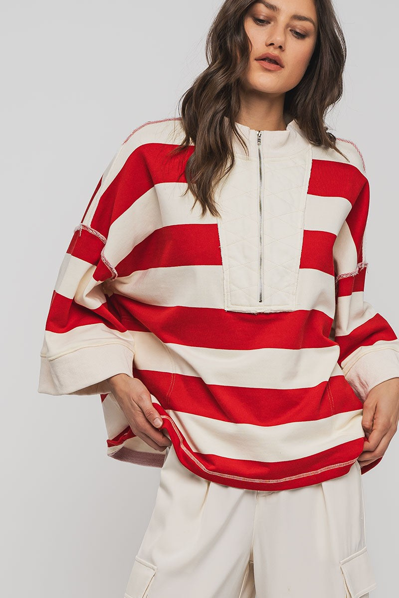 Breezy Striped Pullover Top - Red