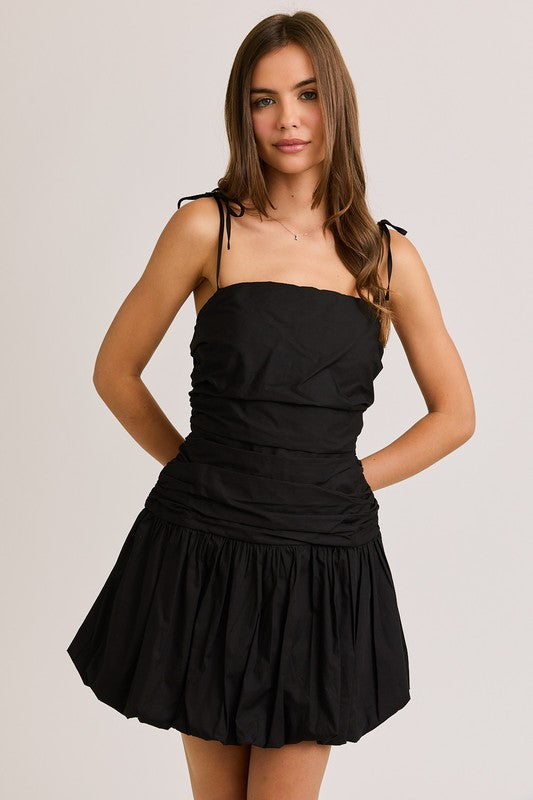 Tie Shoulder Bubble Hem Mini Dress - Black