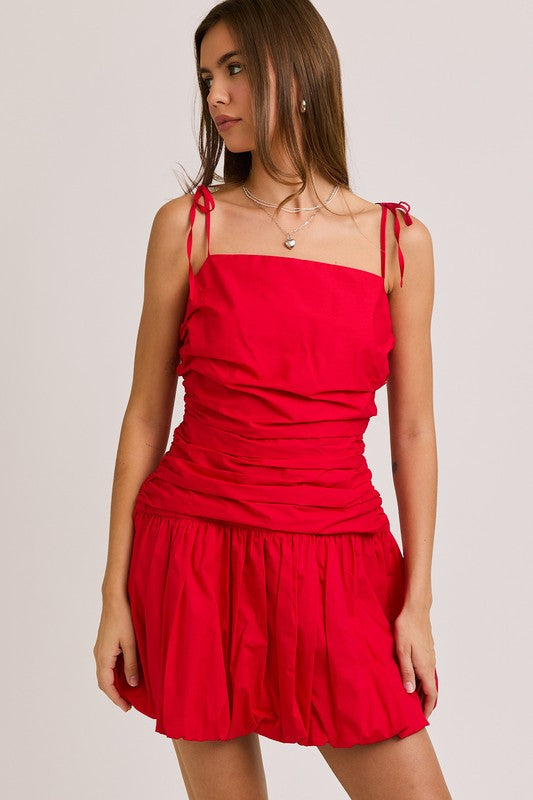 Tie Shoulder Bubble Hem Mini Dress - Red