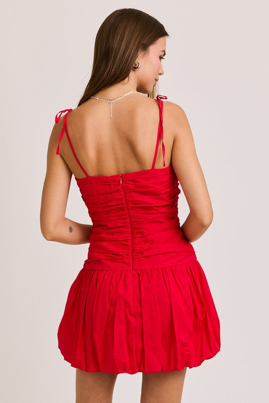 Tie Shoulder Bubble Hem Mini Dress - Red