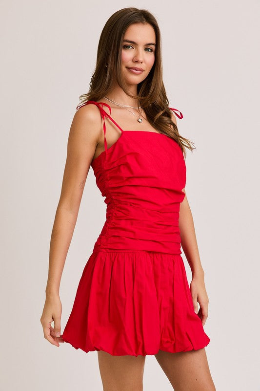 Tie Shoulder Bubble Hem Mini Dress - Red