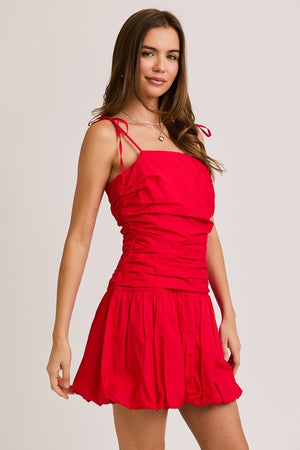 Tie Shoulder Bubble Hem Mini Dress - Red