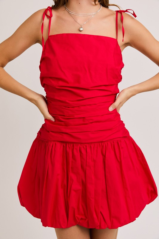 Tie Shoulder Bubble Hem Mini Dress - Red