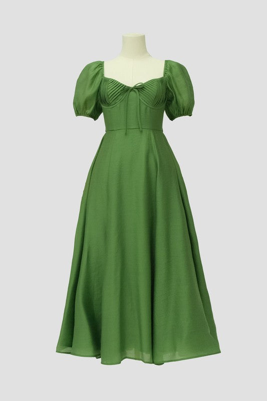 Puff Sleeve Sweetheart Midi Dress - Green
