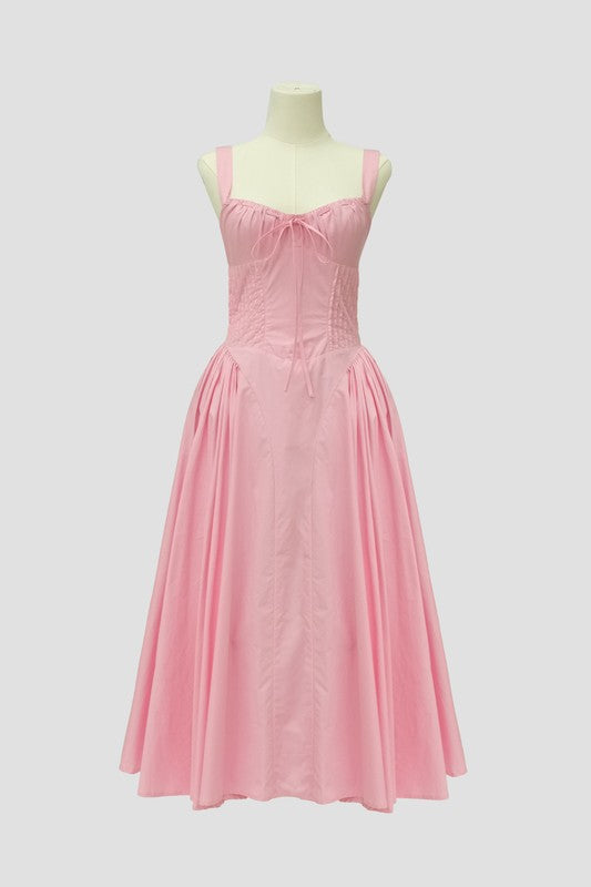Front Tie Pintuck Corset Midi Dress - Pink