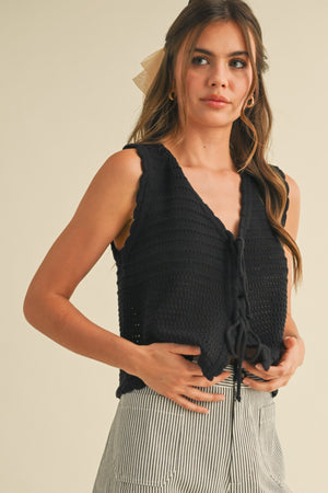 Front Tie Sweater Vest - Black
