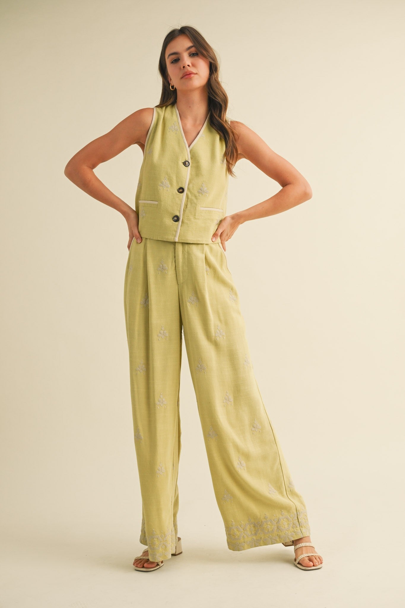 Embroidered Wide Leg Pant Set