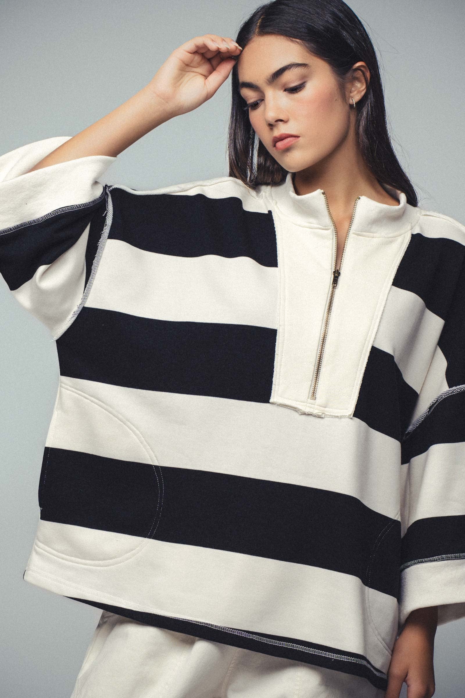 Breezy Striped Pullover Top - Black