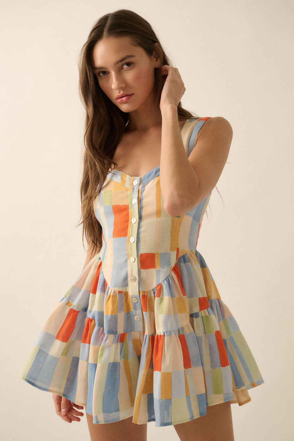 Multicolor Check-Print Ruffled Romper