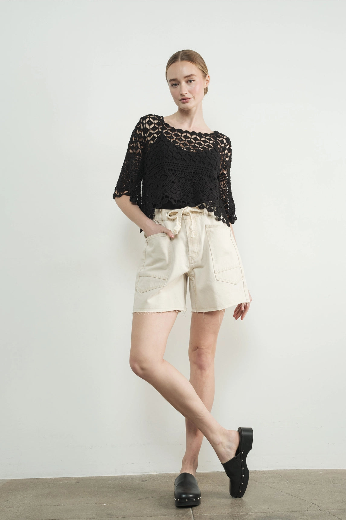 Vintage Washed Barrel Denim Shorts - Cream