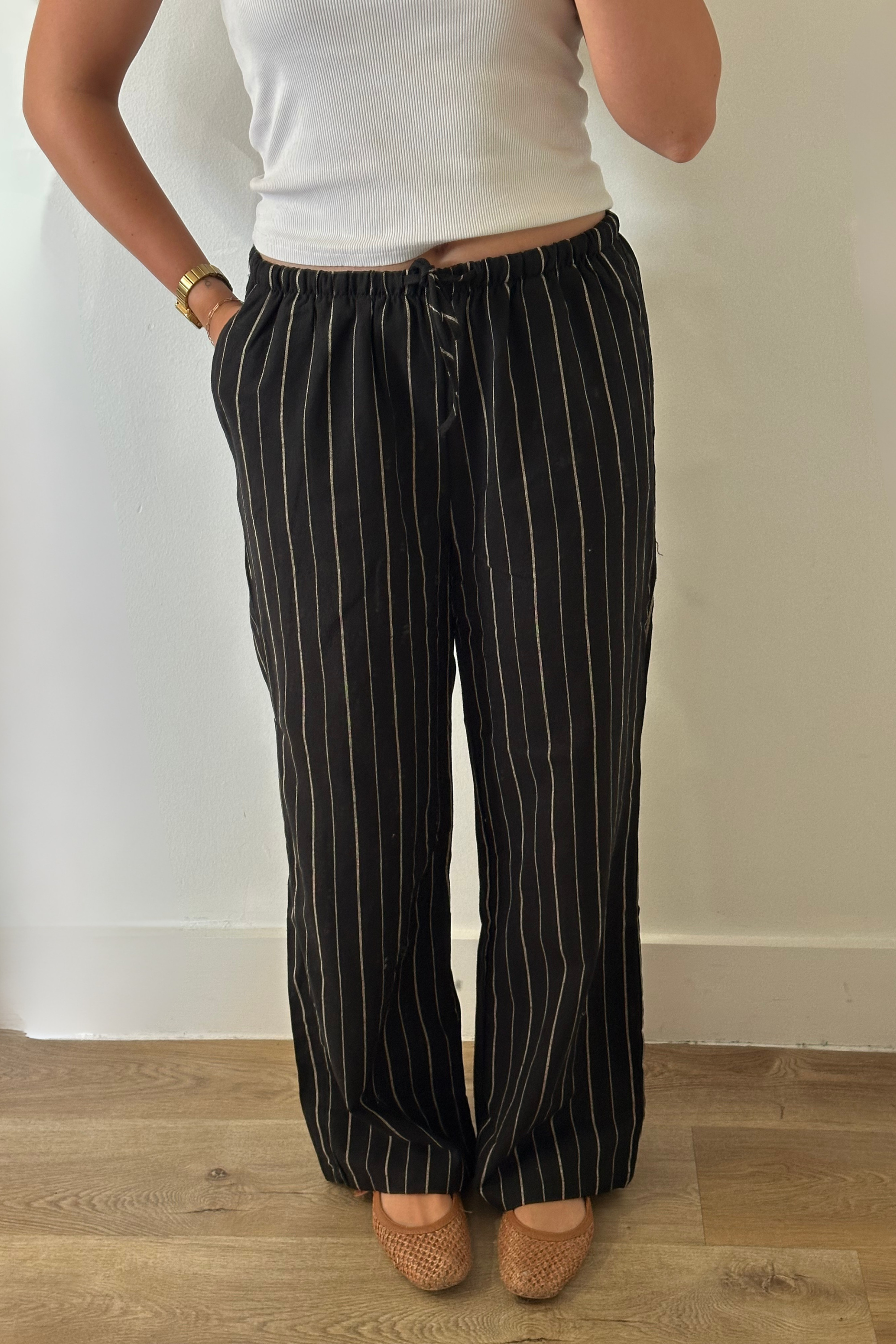 Striped Linen Wide Leg Pants - Black