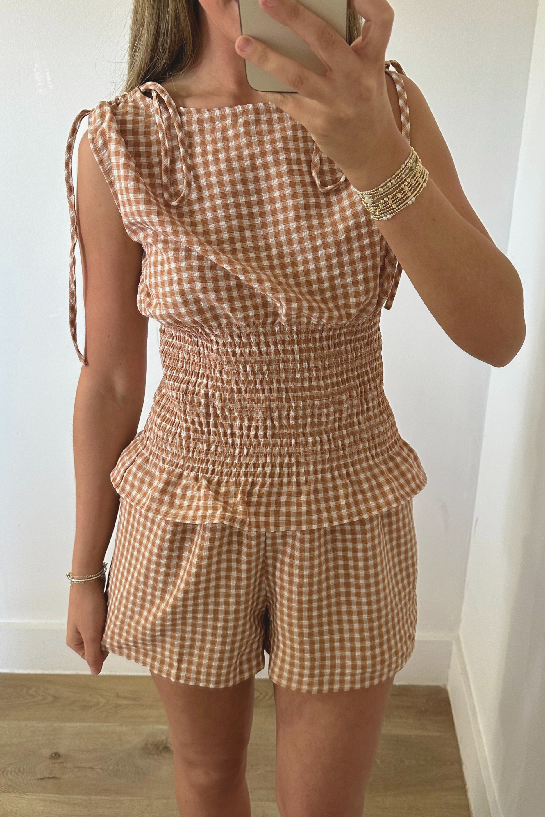 Gingham Smocked Shorts Set - Clay
