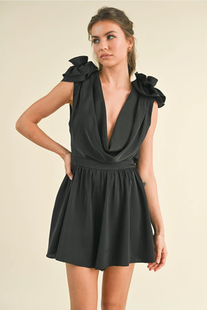 Rosette Cowl Neck Romper - Black