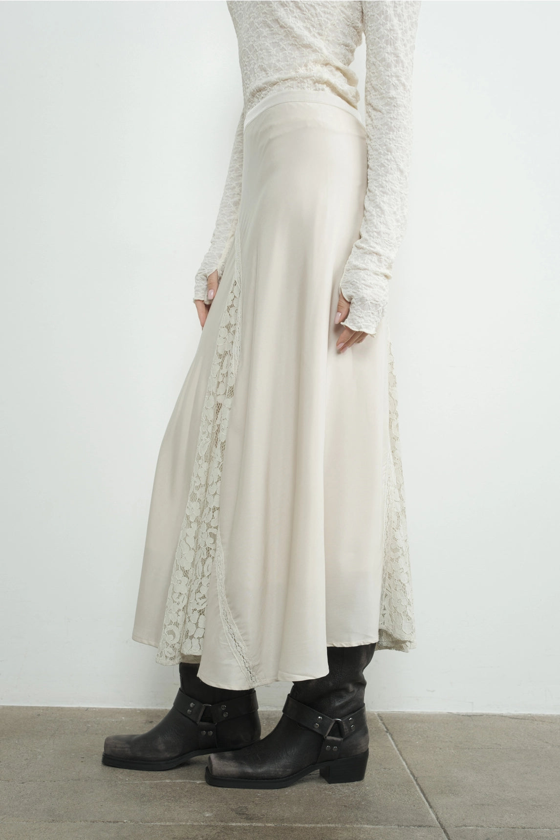 Satin Lace Midi Skirt - Dove