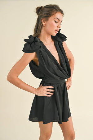 Rosette Cowl Neck Romper - Black