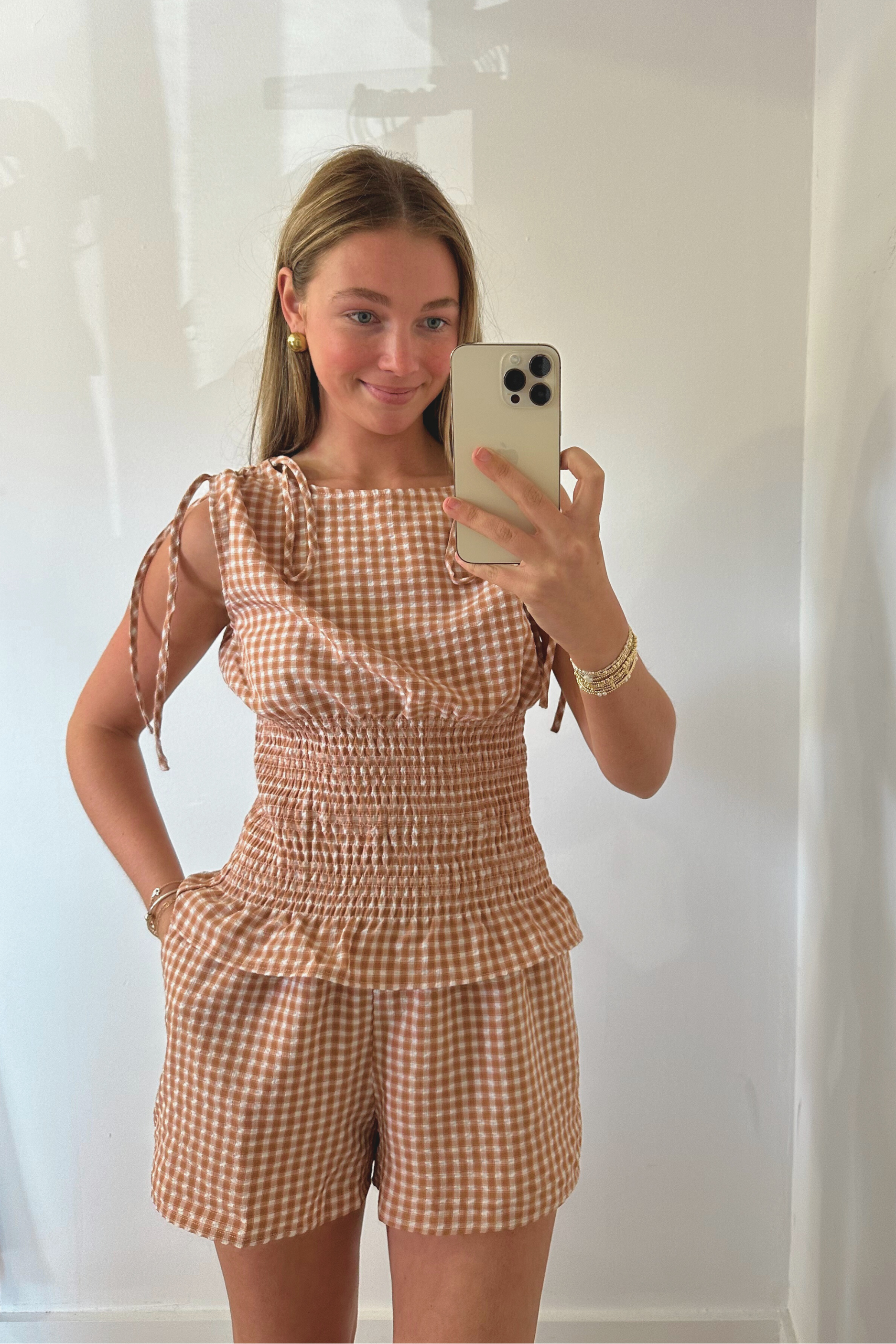 Gingham Smocked Shorts Set - Clay