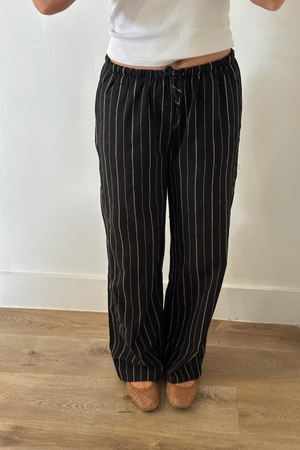Striped Linen Wide Leg Pants - Black